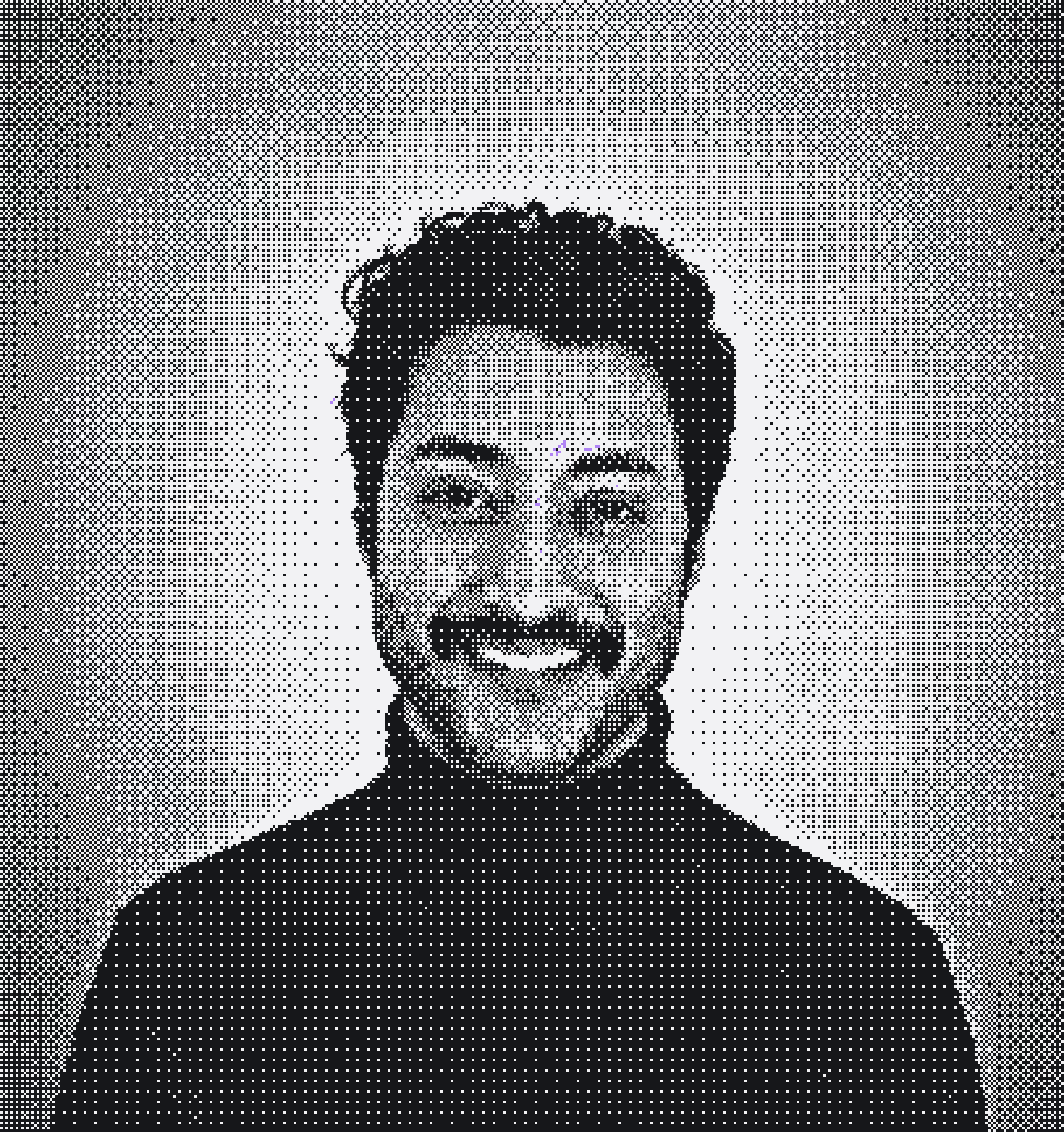 Shree Chaturvedi, smiling, rendered as a monochrome ordered-dither portrait.